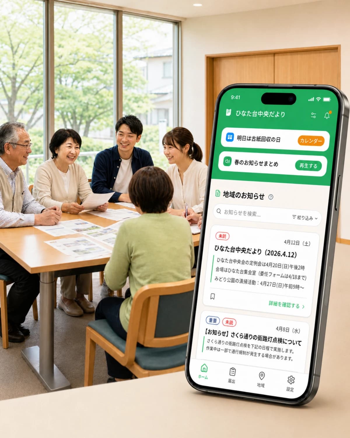 集会所で穏やかに話す自治会の住民たちとスマホ画面