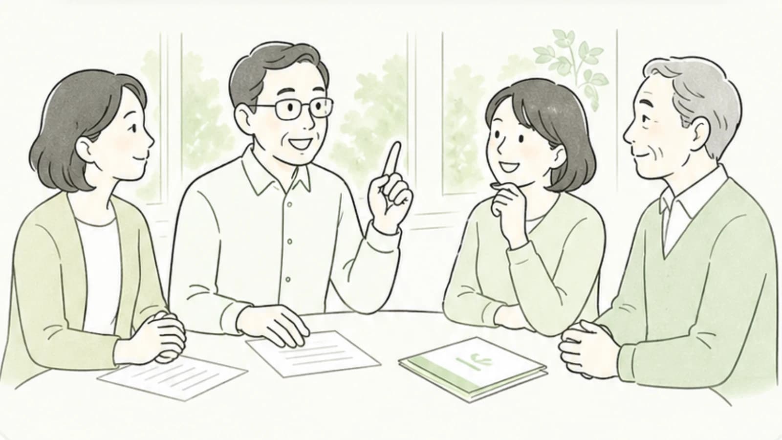 自治会理事や住民が穏やかに話し合っているイラスト